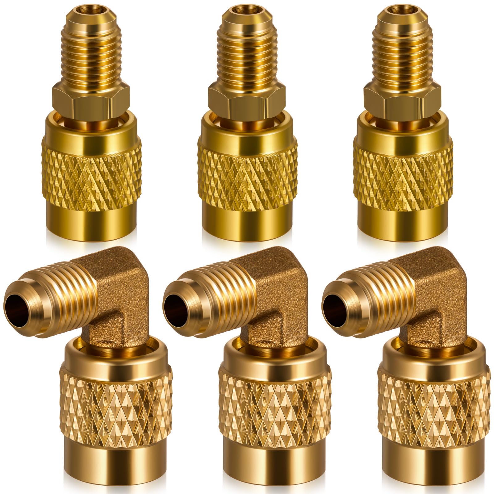 Otoolling 6 Pcs R410A R32 Refrigerant Adapter 1/4 SAE Male to 5/16 SAE Female Straight Angled Thread Adapter Low Loss HVAC Quick