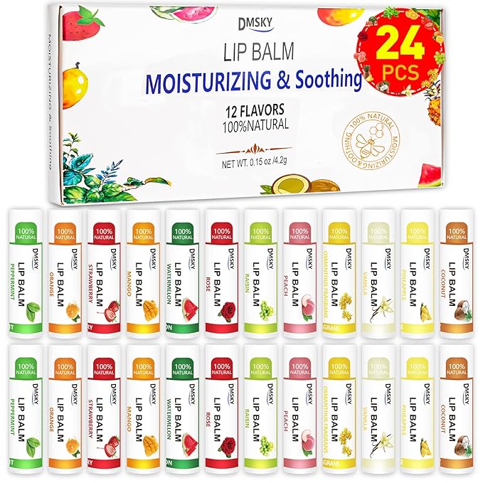 DMSKY 24 Pack Lip Balm, Natural Lip Balm Bulk with Vitamin E and Coconut Oil, Moisturizing Lip Balm for Chapped Lips, Bulk Lip Balm for Women-12 Flavors