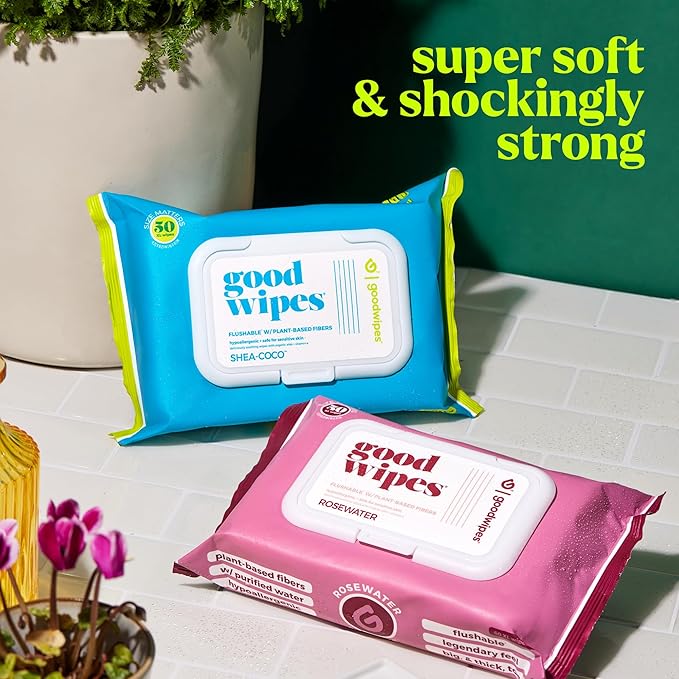 goodwipes Flushable Butt Wipes - Vitamin E & Aloe - Sewer & Septic Safe - Extra Large Adult Wet Wipes For Women & Men - Bathroom Essentials - Rosewater, 318 Count (6 Packs + 1 Travel)