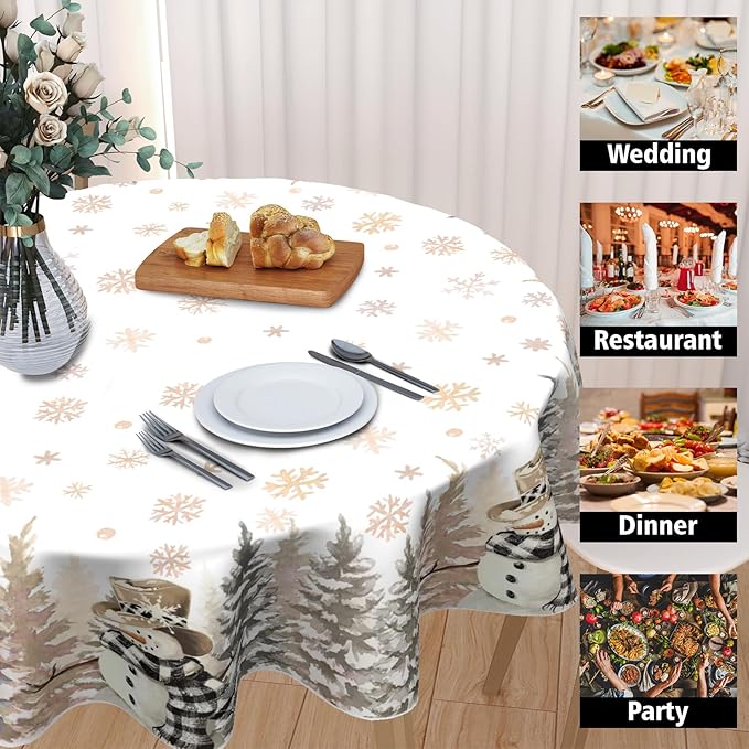 Gold Christmas Tablecloth Round 60 Inch Winter Snowman Snowflake Table Cloth Farmhouse Merry Christmas Table Cover for Kitchen Dinner Room Holiday Party Indoor Outdoor Home Winter Decor