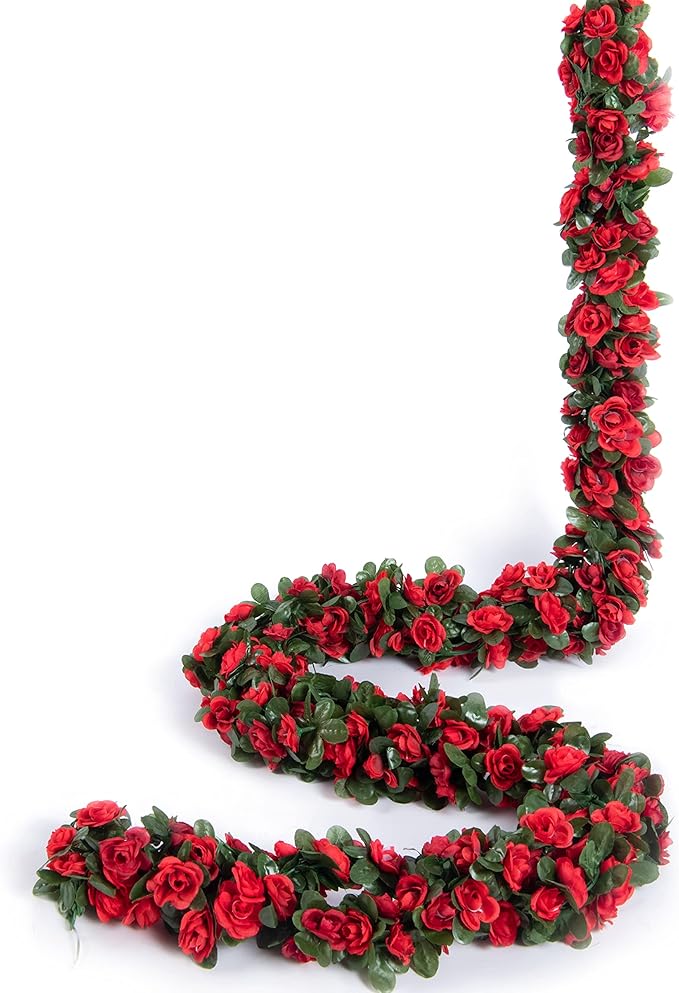 6 Pcs x 8.2 ft Flower Garland Artificial Rose Vine Flowers with Green Leaves Hanging Fake Roses Vine for Room Party Home Wedding Birthday Christmas Wall Arch Decor, Spring Red Flower