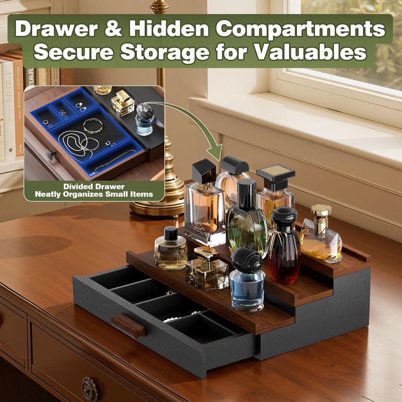 TIRYIUOU Perfume Cologne Organizer for Men: 3 Tier Wooden Perfumes Stand, Desktop Parfum Holder Wood Display Shelf with Cabinet, Bedroom Dresser Makeup Lotion Jewelry Storage Rack with Drawer