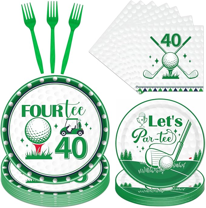 Rakuto Golf 40th Birthday Tableware Decorations for Men, Golf Theme Fourtee Birthday Party Plates Napkins and Forks, Disposable Paper Plates Supplies Decor Serves 24