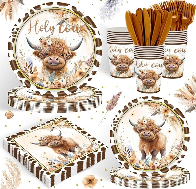 120PCS Boho Highland Cow Party Supplies for Boys girls Holy Cow Highland Themed Baby Shower Birthday Party Decorations Tableware Set Plates Napkins Cups Set for 20 Guests