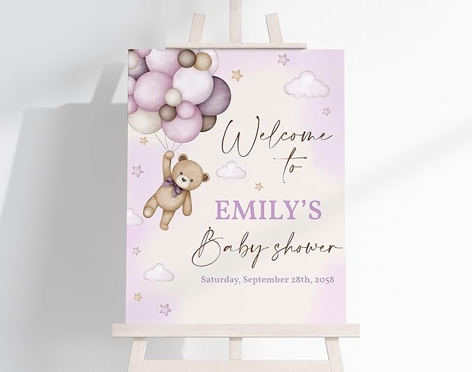 We Can Bearly Wait Teddy Bear Baby Porch Sign, Personalized Welcome Sign with Green Balloons, Baby Shower Decorations