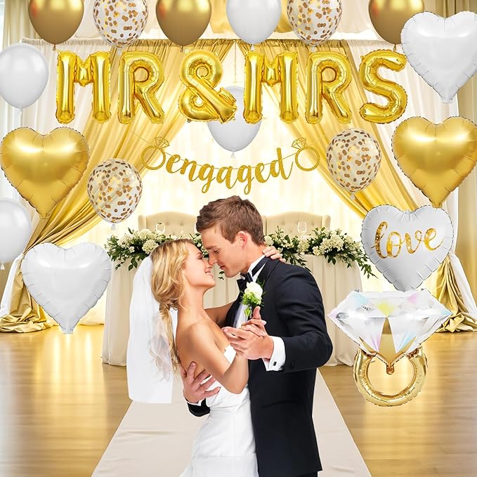 Gold Engagement Party Decorations, MR and MRS Balloons Decor, White Gold Metallic Confetti Balloon, Love Heart and Diamond Ring Foil Balloon with Engaged Banner for Wedding Engagement Party Decoration