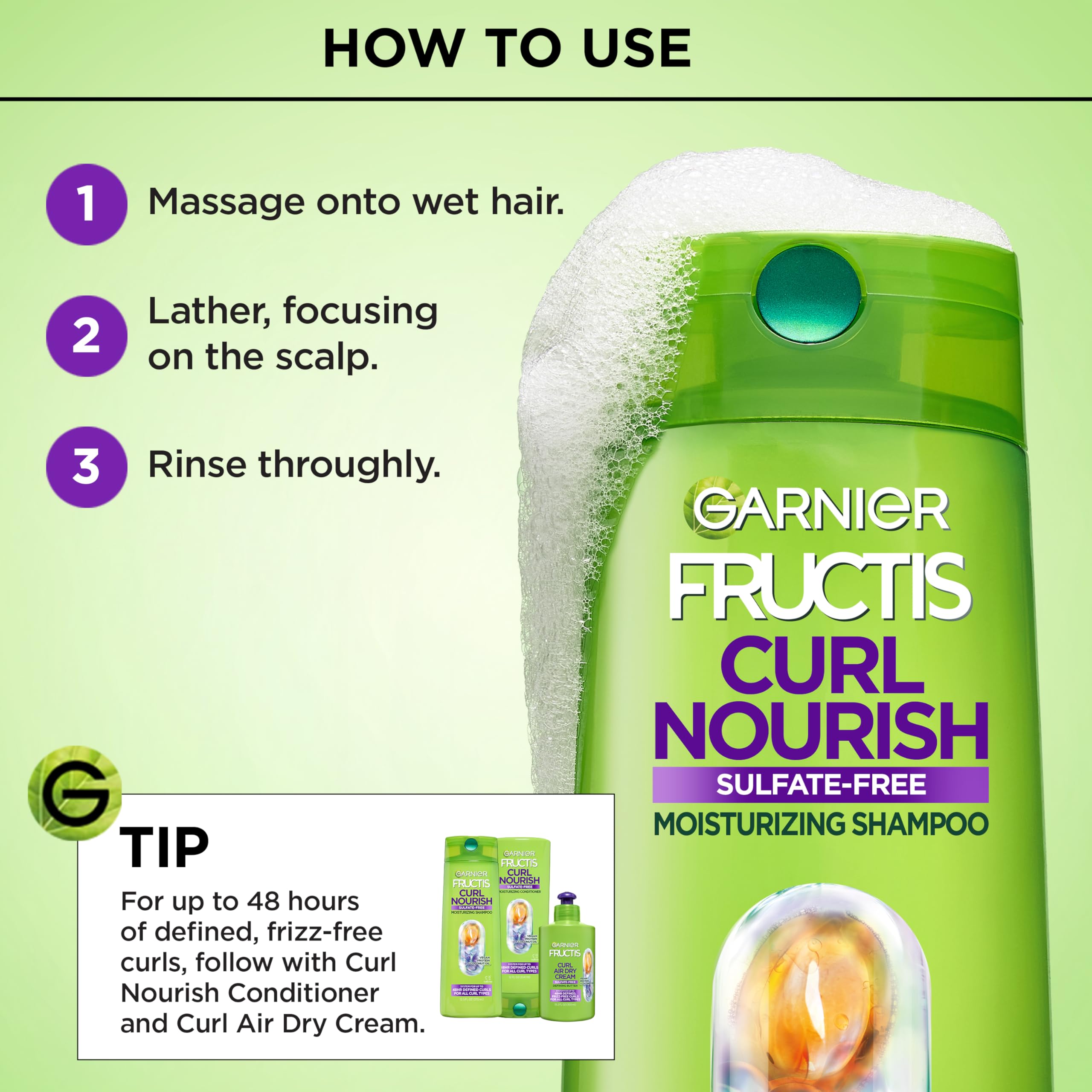 Garnier Fructis Curl Nourish Moisturizing Shampoo for Curly Hair, Plant Protein and Coconut Oil Formula, Up to 48HR of Curl Definition, Sulfate Free & Vegan, 22 Fl Oz (Packaging May Vary)