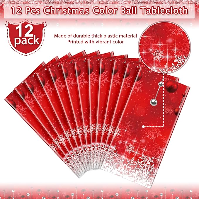 12Pieces Merry Christmas Tablecloth Plastic Christmas Tree Ball Table Cover Rectangle Winter Snowflake Tablecloth for Merry Christmas Holiday New Year Eve Party Decorations Supplies,54x108inch