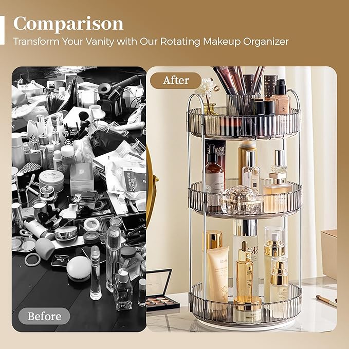 Aveniee 360° Rotating Makeup Organizer for Vanity, Upagraded Perfume Skincare Bathroom Counter Organizers with Brush Divider, 3 Tier Spinning Lipstick Cosmetic Lotion Storage,Grey