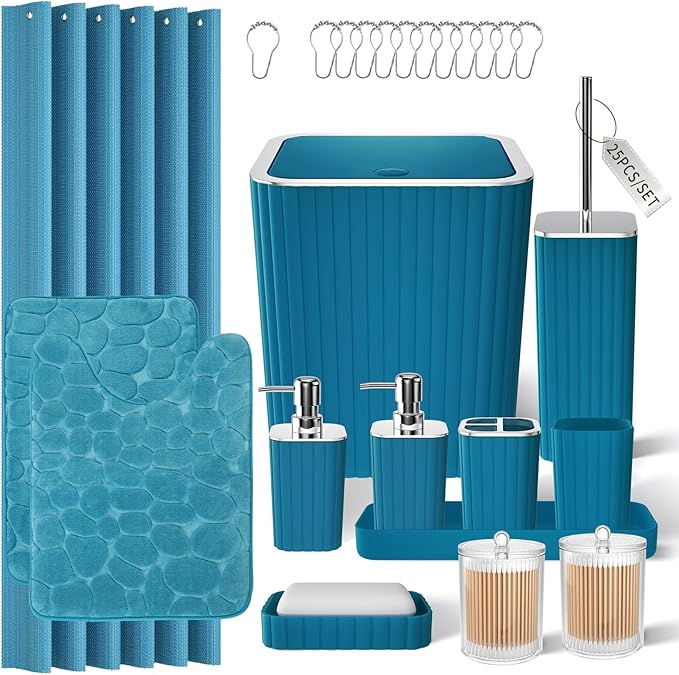 Bathroom Set with Shower Curtain and Rugs- 25PC Teal Bathroom Set, Bathroom Accessories Set, Shower Curtain Set, Trash Can, Qtip Holder Dispenser & Soap Dispenser