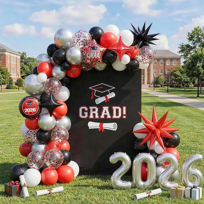 Red Black Graduation Balloon Arch Kit 2026 Graduation Decorations, Silver Number 2026 Balloons with Explosion Star Round Congrats Grad Foil Balloon for College High School Class of 2026 Grad Party