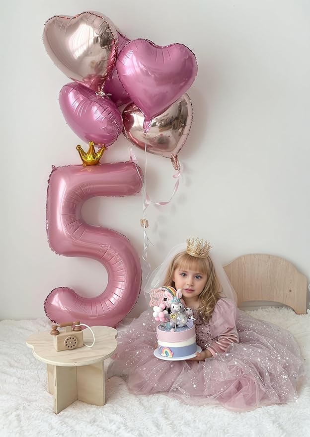 40 inch Pink Number 1 Balloon with Crown, Pink Crown Balloons 0-9 for 1st Birthday Party Anniversary Decorations Supplies
