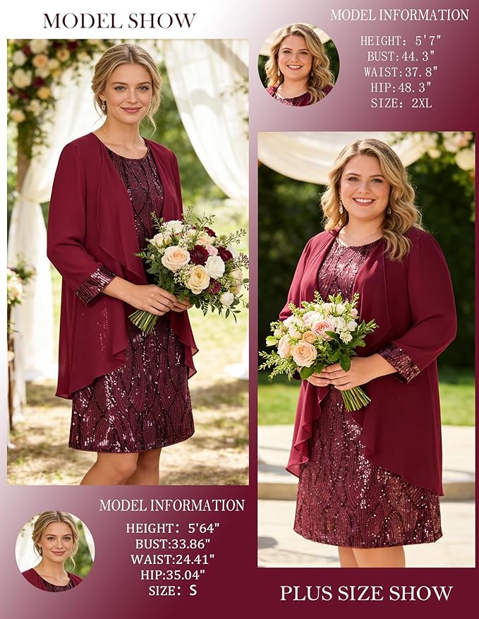 GRACE KARIN Women's Sequin Dress - Wedding Guest & Mother of The Bride Formal Dress - Two Piece Knee Length