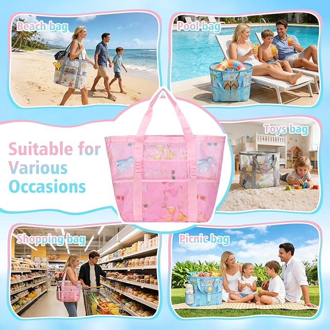 Mesh Beach Bags for Family - Women Beach Tote Bag for Toys, Towels, Travel Vacation Cruise Essentials