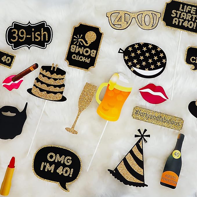 40th Birthday Photo Booth Props - 41 Pcs Black and Gold Decor, Funny Milestone Party Supplies for Men & Women, Retro 1986 Theme Selfie Station Accessories for Surprise Party, 40th Celebration Bash