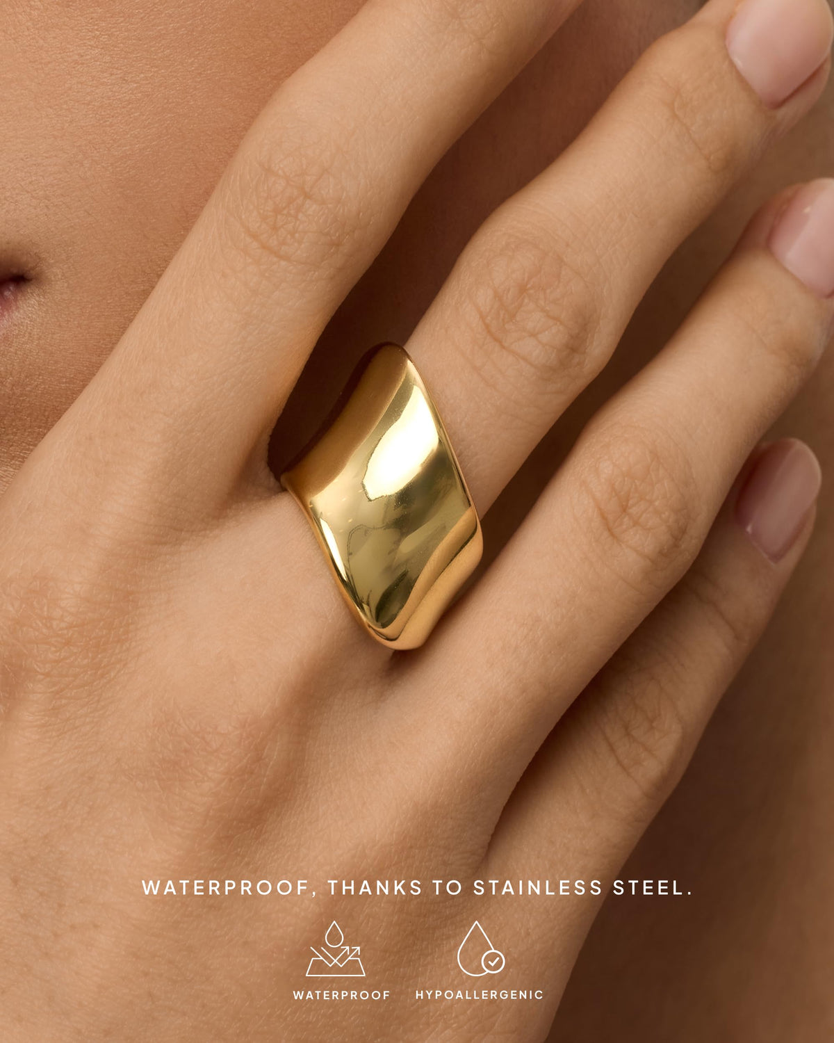 PAVOI 14K Yellow Gold Plated Chunky Statement Ring for Women | Minimalist Stainless Steel Hypoallergenic Wide Wavy Stackable Rings | Size 9