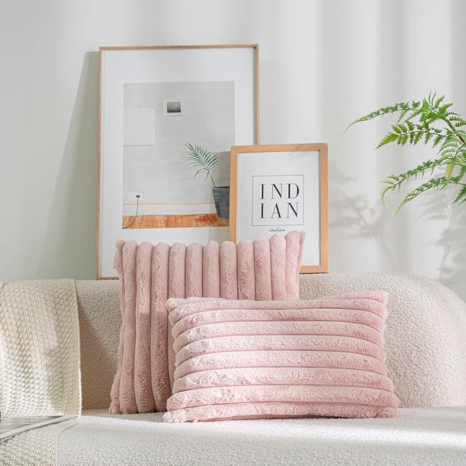 DEELAND Pack of 2,Double-Sided Faux Fur Plush Decorative Throw Pillow Covers Fuzzy Striped Soft Pillowcase Cushion Covers for Sofa Couch Bedroom