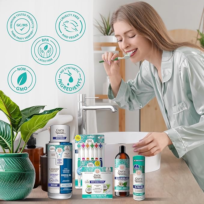 GuruNanda Total Smile Makeover Kit Regular with Cocomint Oil Pulling, Dual Barrel Whitening Mouthwash, Whitening Strips & Butter on Gums Toothbrushes