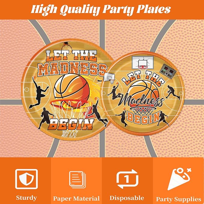 Rakuto March Basketball Party Decorations Tableware, 96PCS Let the Madnes Begin Disposable Paper Plates Napkins Decoration, Ball Sports Theme Birthday Forks Decor for Kids Boys Supplies Serve 24