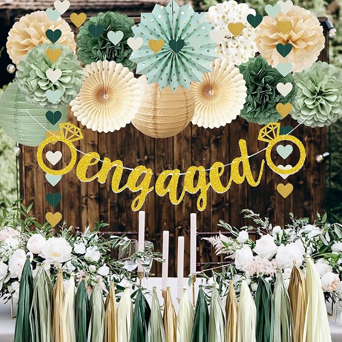 Engagement Party Decorations Sage Green Just Engaged Decorations Glitter Engaged Banner Tissue Pom Poms Paper Lanterns Tassel Garland for Married Decoration Wedding Bachelorette Party Decor
