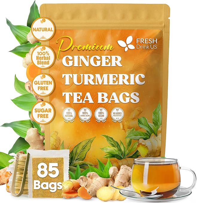 FreshDrinkUS, Premium 85 Ginger Turmeric Tea Bags, 100% Natural Ingredients, Hand-made Blend of Ginger and Turmeric Herbal Tea, Eco-conscious Tea Bags. No Sugar, No Caffeine, No Gluten, Vegan.