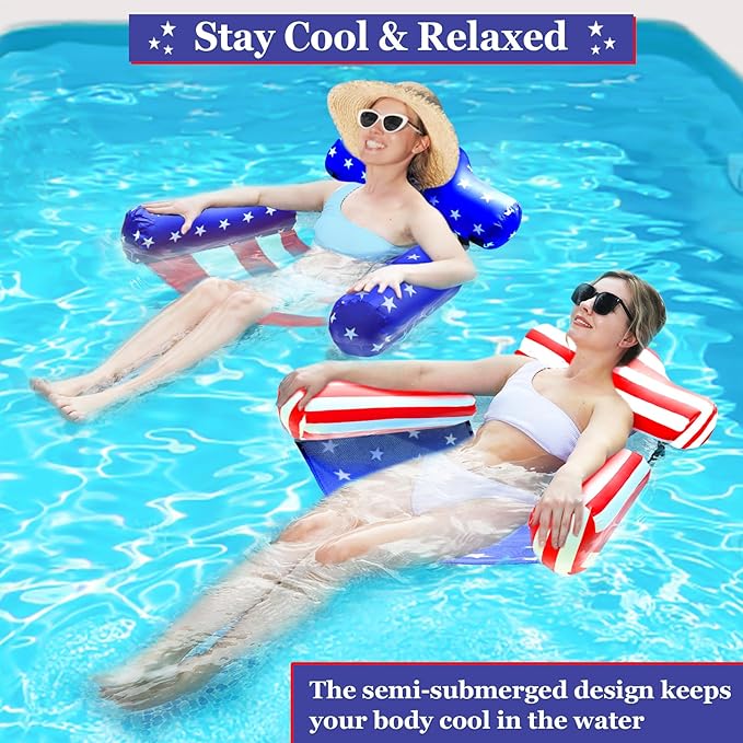 2 Pack 4th of July Inflatable Pool Floats Chair, 250th Anniversary American Flag Adjustable Pool Chair Lounger for Adults Heavy Duty, Blow Up Floating Swimming Water Chairs for Party Summer Lake Fun