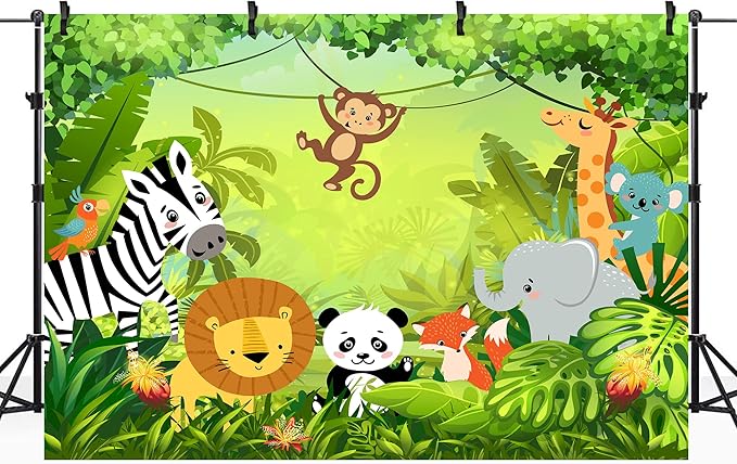 Riyidecor Jungle Safari Animal Backdrop Polyester Fabric Green Animation Kids Panda Lion 7Wx5H Feet Cute Wildlife Zoo Zebra Photography Background Birthday Baby Shower Photo Studio Shoot