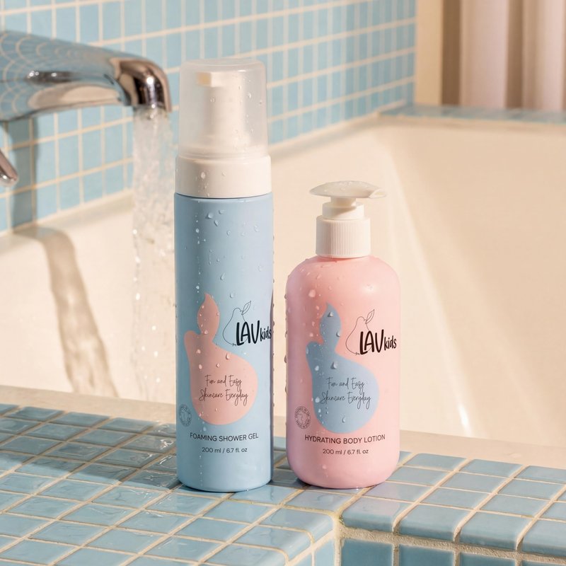 LAV KIDS Body Care Set, Foaming Body Wash and Delicate Body Lotion, Natural Pear and Chamomile, 150ml
