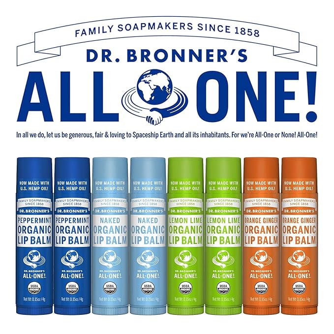 Dr. Bronner's - Organic Lip Balm Variety Peppermint, Orange Ginger, Naked, Lemon Lime) - Made with Organic Beeswax and Avocado Oil, For Dry Lips, Hands, Chin or Cheeks, 0.15 Ounce (Pack of 4)