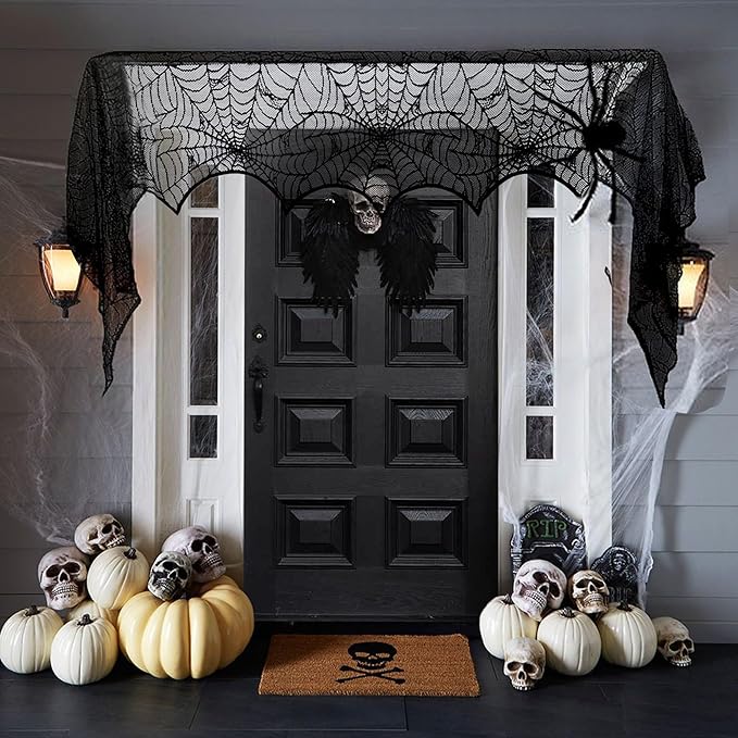 Halloween Decorations Indoor Set - Halloween Festive Decor Happy Halloween Banner Hanging Swirls & Spider Web Table Runner & Mantel Scarf & 3D Bat Sticker for Spooky Haunted House Home Kitchen Decor