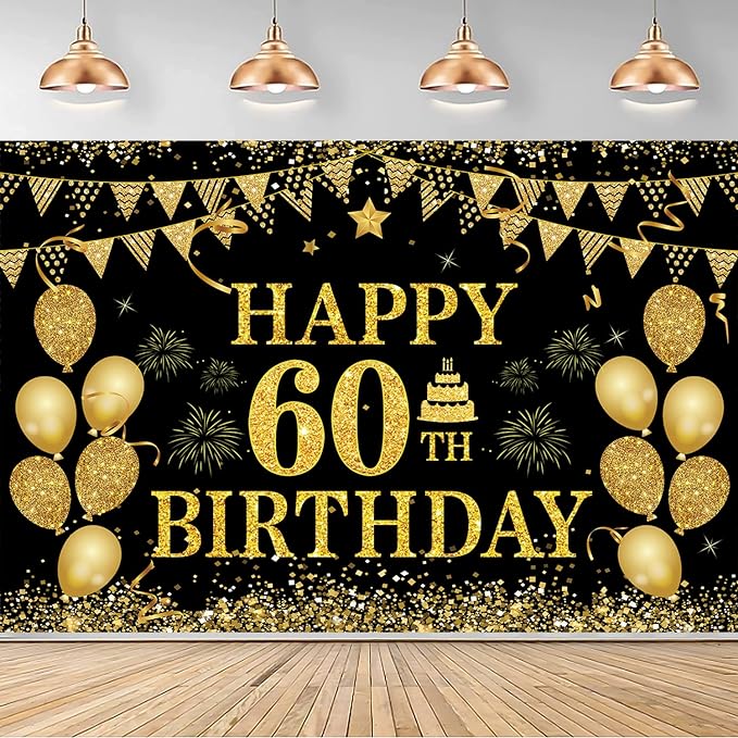 60th Birthday Banner - Black & Gold - 71 x 45 Inch - Happy 60th Birthday Decor