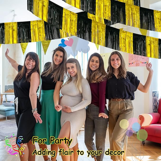 4 Pack 10 Feet Black Gold Foil Fringe Garland Metallic Tinsel Streamers Banner Fringe Curtain Banner for Parade Floats Halloween Graduation Homecoming Birthday Party Decorations (Black, Gold)