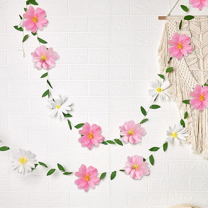 2PCS Paper Flower Garland, Paper Leaves Banner Vine Flowers with Green Leaves Crepe Flower Garland Decorations for Wall Anniversary Wedding Birthday Arch Decor-Pink