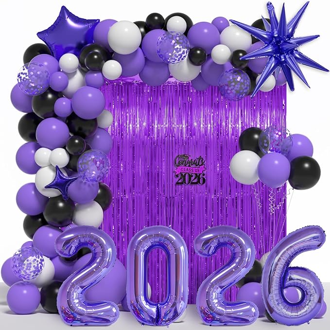 Graduation Balloon Arch Kit 2026 Graduation Decorations, Different Sizes 5 12 18 Inch Purple Black White Grad Balloons Arch with Class of 2026 Cake Toppers, Fringe Curtain, Star & 2026 Balloons