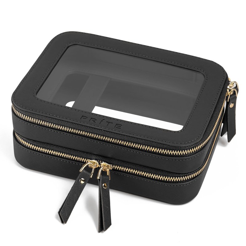 Prite Clear Makeup Bags Double Layer Cosmetic Bags with a Separate Brush Compartment Travel Makeup Bag for Women Travel Accessories Organizer for Purse(Black)
