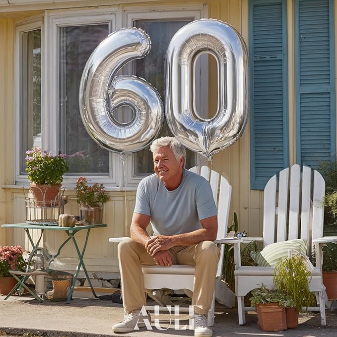 AULE 40 Inch Jumbo Silver Foil Mylar Number Balloons for Men Women 60th Birthday Party Decorations 60 Years Old Anniversary Party Supplies