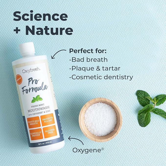 Oxyfresh Pro Formula Fresh Mint Mouthwash – Patented Zinc Mouthrinse for Fresh Breath, Healthy Gums & Bad Breath Treatment for Adults - Dye, Fluoride & Alcohol Free (16 Fl Oz)