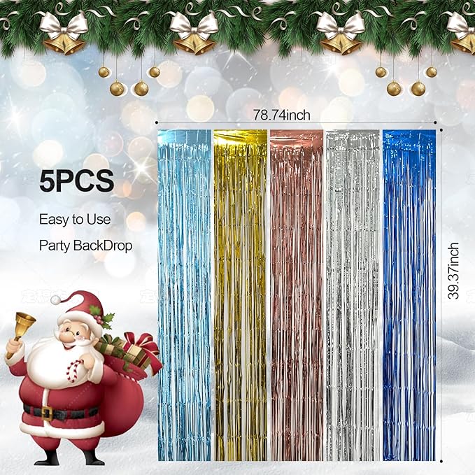 5 Pack Blue Foil Curtain Backdrop Metallic Tinsel Foil Fringe Curtains Photo Booth Props for Birthday Wedding Engagement Bachelorette Christmas Holiday Celebration Party Decorations Supplies