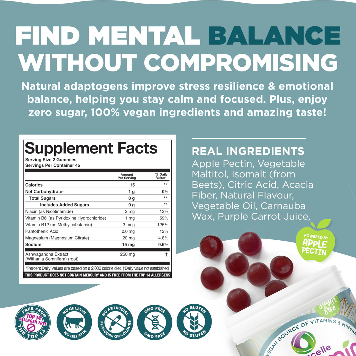 NUTRAMIN Mood Boost Multivitamin Gummy - Delicious & Yummy Anti-Stress Magnesium Ashwagandha Gummies + B Complex Vitamins for Focus and Calm - Sugar-Free, Vegan, Gluten-Free, Allergy-Safe (90 Count)