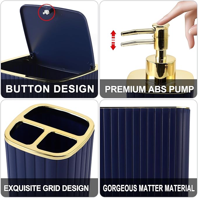 Bathroom Set with Shower Curtain and Rugs- 25PC Blue Bathroom Accessory Set, Navy Blue Shower Curtain Set, Toilet Brush, Trash Can, Qtip Holder Dispenser & Soap Dispenser