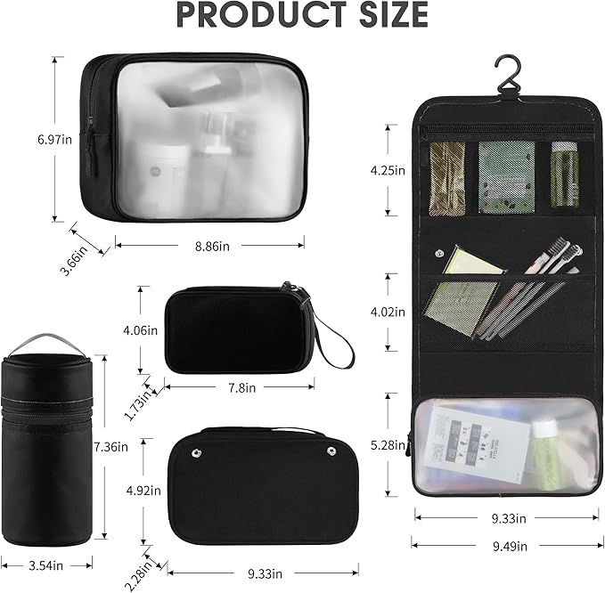 Toncoke Travel Toiletry Bag Set, Hanging Toiletry Bag Premium Faux Leather, Toiletry Bag for Women & Men, Travel Essentials Makeup Bag Water-resistant, Black