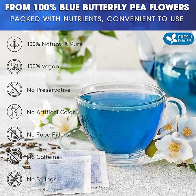 FreshDrinkUS, Premium 35 Butterfly Pea Tea Bags, 100% Natural and Pure from Butterfly Pea Flowers, Hand-made, Made With Natural Materials-Corn Fiber Tea Bag, Sugar/Caffeine/Gluten Free, Vegan