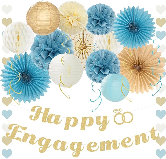 Holkcog Happy Engagement Party Decorations Kit, Glitter Engagement Party Banner for Congratulations, Blue Gold Engaged Wedding Shower Paper Fan, Paper Flower Ball, Heart Banner, Hanging Swirls, Supply