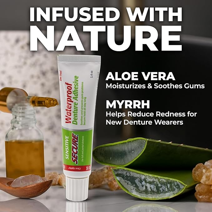 Secure Sensitive Gums Waterproof Denture Adhesive Zinc Free with Aloe Vera & Myrrh - Extra Strong 12 Hour Hold - 1.4 oz (Pack of 4)