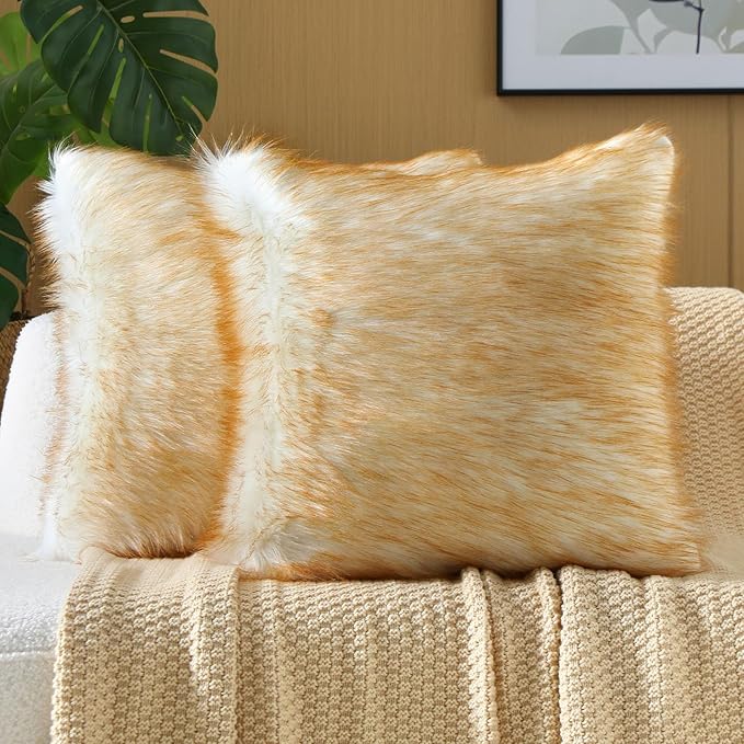 FUTEI Brown White Decorative Throw Pillow Covers 16x16 Inch Set of 2,Soft Fluffy Faux Fox Fur Textured Cushion Case,Modern Home Decor for Couch Living Room