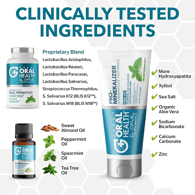 Dentist Formulated Oral Health System with Fluoride Free Remineralizing Nano Hydroxyapatite Toothpaste, OraRestore Mouthwash Concentrate & Oral Probiotics for Bad Breath, Enamel Strength, Oral Balance