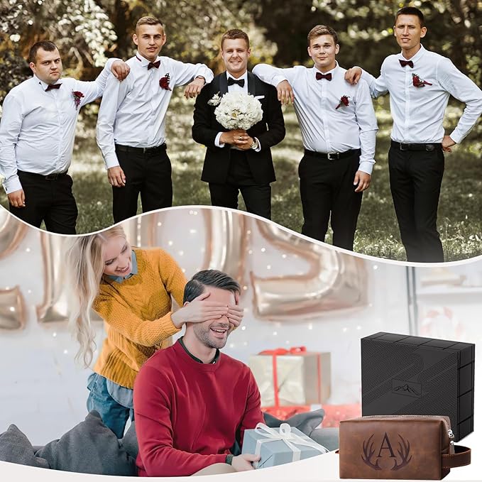 Personalized Travel Toiletry Bag for Men Initial Letter PU Leather Waterproof Shaving Bag for Toiletries Accessories Travel Essentials Storage Bags Fathers Day Birthday Gifts for Men (I)