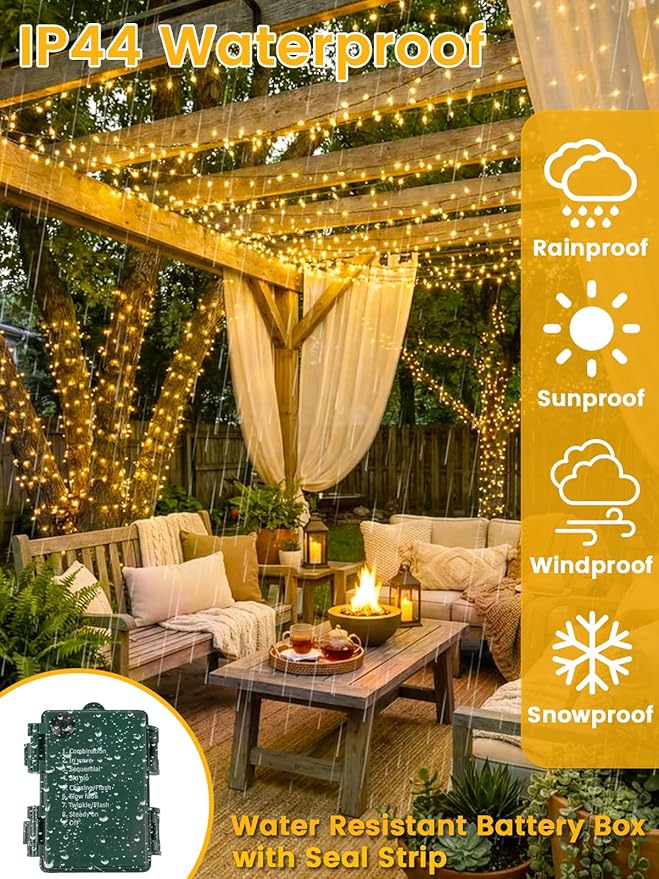 4 Pack Battery Operated Christmas Lights with Timer, 132FT 400 LED Waterproof Battery Twinkle Light, 8 Modes Green Wire Fairy Light for Indoor & Outdoor Bedroom Tree Christmas Decorations (Warm White)