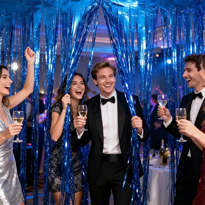 jijAcraft 3 Pack Metallic Blue Tinsel Foil Fringe Curtain, Party Photo Backdrop, Lake Blue Streamers for Ocean Themed Mermaid Under the Sea Party Boy Birthday Baby Shower Graduation Decorations