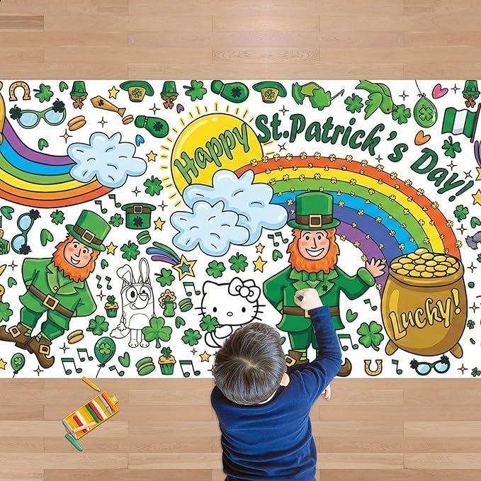 St Patricks Day Giant Coloring Tablecloth,St Patricks Day Crafts for Kids - 72x30 Inches, Paper Coloring Banner Games Activities Gifts Party Decorations